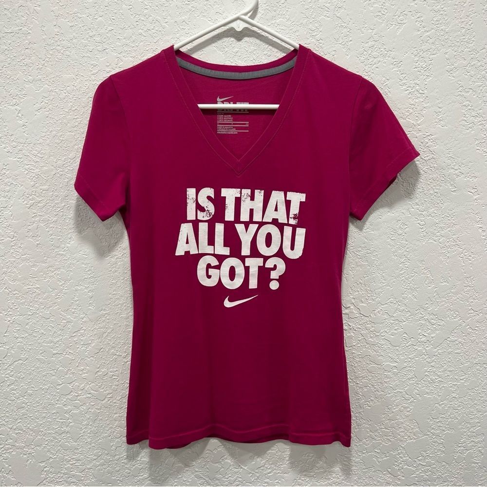 Nike Dri-Fit fuchsia dark pink short sleeve tee shirt Slim fit small vneck